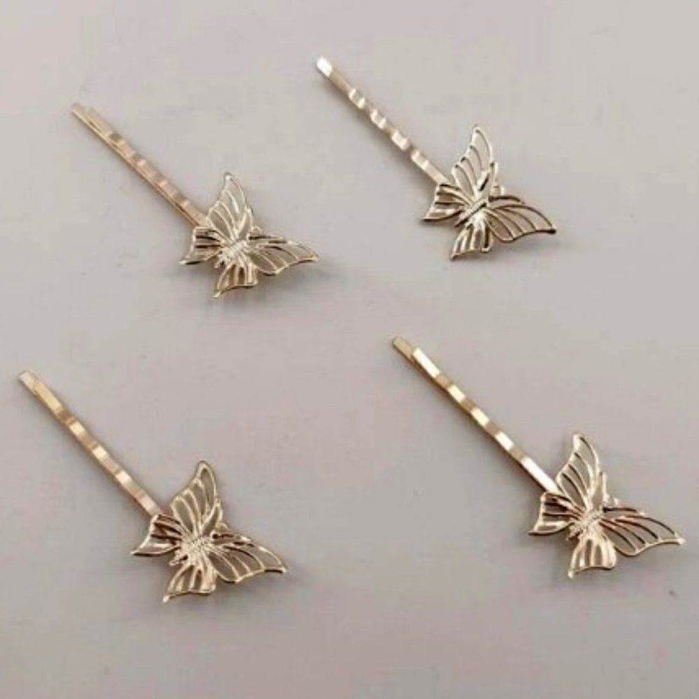 GOLD BUTTERFLY HAIR PINS BARRETTES - 4 PIECE